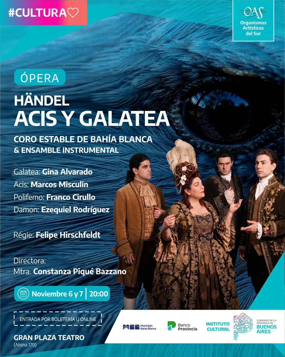 Nov 6 y 7 -Ópera Acis y Galatea, CE, Ensamble, Solistas, Piqué, Gran Plaza